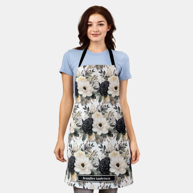 Medium Size Girly Black and White Floral Apron (Worn)