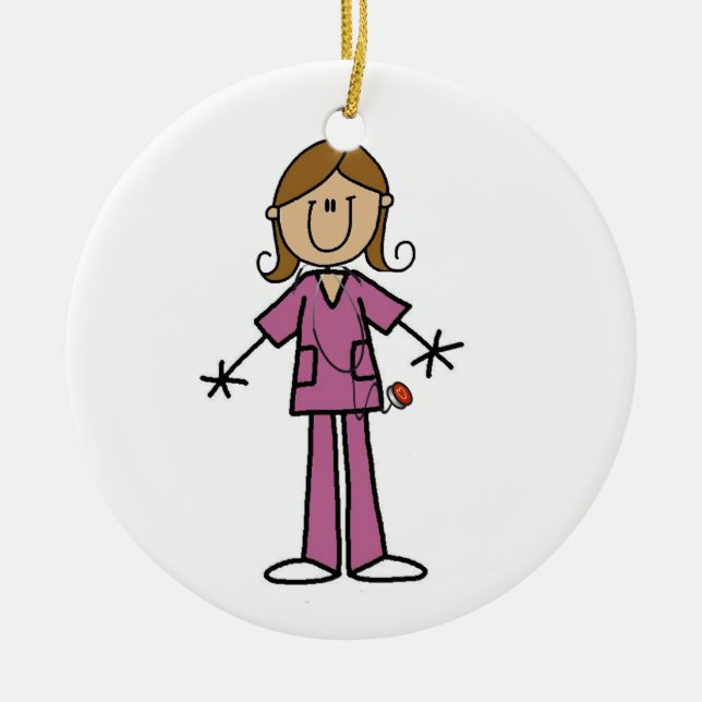 Medium Skin Stick Figure Female Nurse Ceramic Tree Decoration (Front)