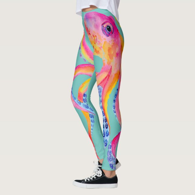 Medium Teal Octopus Watercolor Leggings  (Left)