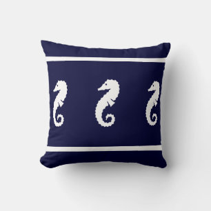 Medium white on navy  SEA HORSE   coastal living Cushion