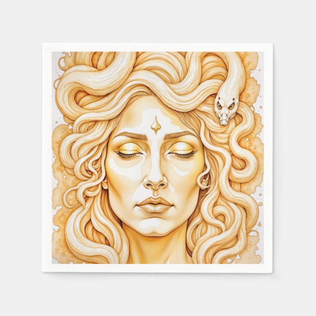 Medusa Ancient Goddess Portrait In Rich Yellow  Napkin (Front)
