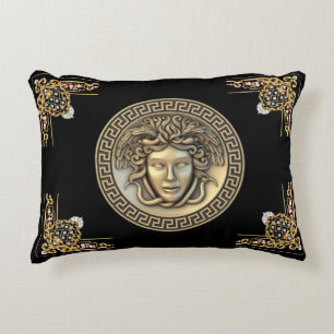 Medusa and Greek Key Gold Aubusson Designer Decorative Cushion