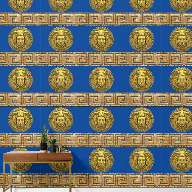 Medusa and Greek Key Gold on BLUE Designer  Wallpaper (Hallway)