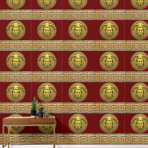 Medusa and Greek Key Gold on Burgundy Wallpaper