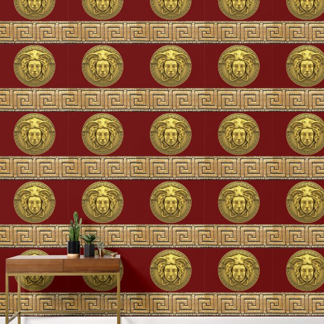 Medusa and Greek Key Gold on Burgundy Wallpaper (Hallway)