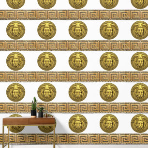 Medusa and Greek Key Gold on WHITE Designer Wallpaper