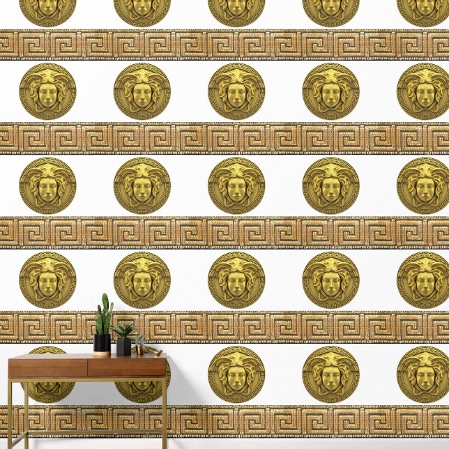 Medusa and Greek Key Gold on WHITE Designer  Wallpaper (Hallway)