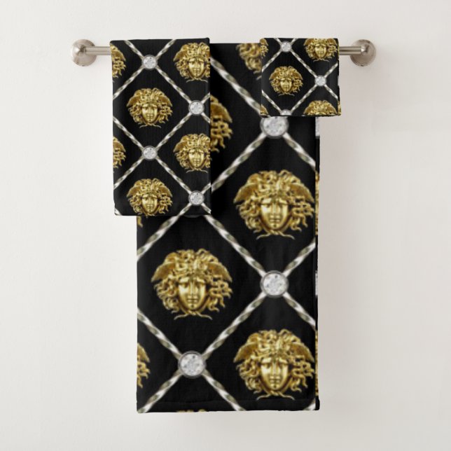 Medusa Diamonds Golden Gorgon Greek Revival Bath Towel Set (Insitu)