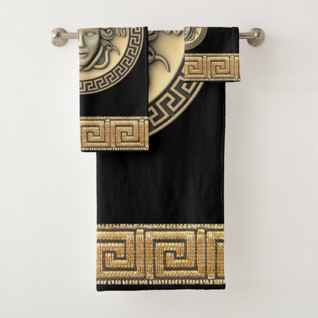 Medusa Golden Gorgon Greek Key Black Bath Towel Set (Insitu)