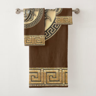 Medusa Golden Gorgon Greek Key Brown Bath Towel Set