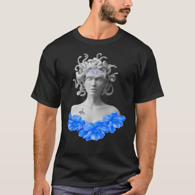 Medusa Gorgon Greek Mythology Blue Floral  T-Shirt (Front)