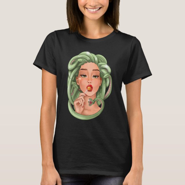 Medusa Gorgon Woman With Lollipop  Snakes Reptiles T-Shirt (Front)