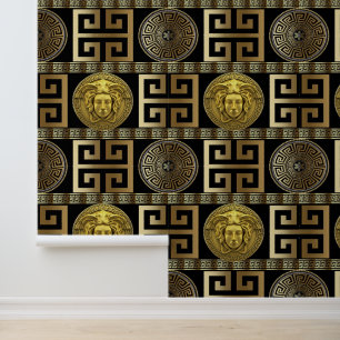Medusa Greek Key Gold on Black Designer  Wallpaper