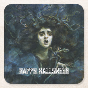 Medusa "Happy Halloween" Fine Art Party Square Paper Coaster