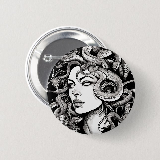 Medusa head tattoo style 6 cm round badge (Front & Back)