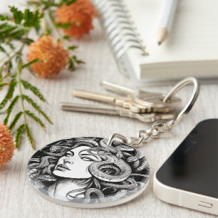 Medusa head tattoo style key ring