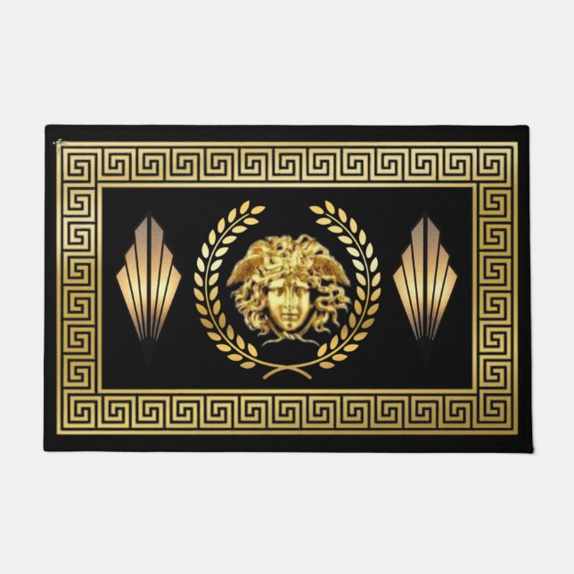 Medusa Laurel Wreath Greek Key Door Mat (Front)