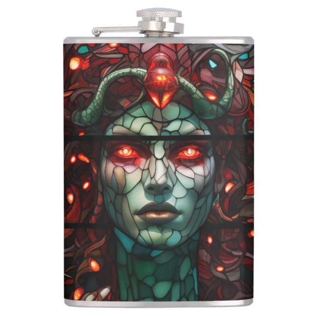 Medusa - Stained Glass Window Tiffany Style Hip Flask (Front)