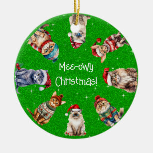 Mee-owy Christmas Festive Cats on Green Glitter Ceramic Tree Decoration