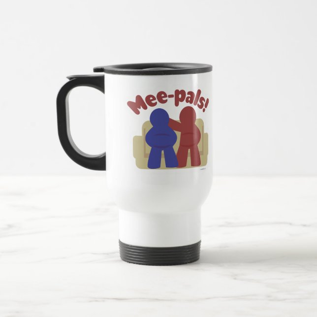 Mee Pals Cool Meeple Gamer Friends Logo Travel Mug (Left)