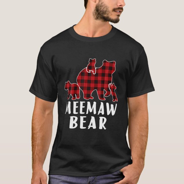Meemaw Bear 3 Cubs , Christmas Mama Bear Plaid Paj T-Shirt (Front)