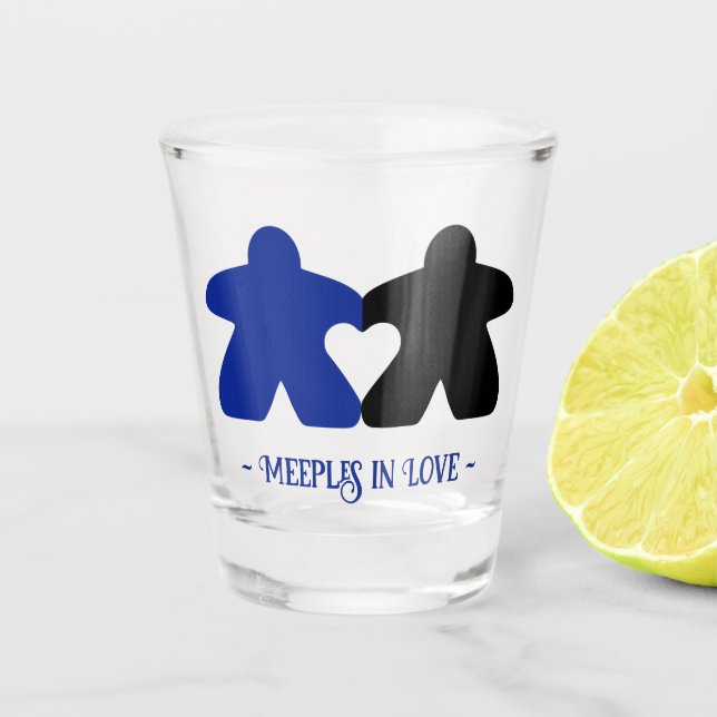 Meeples in Love, Blue & Black Shot Glass (Front)