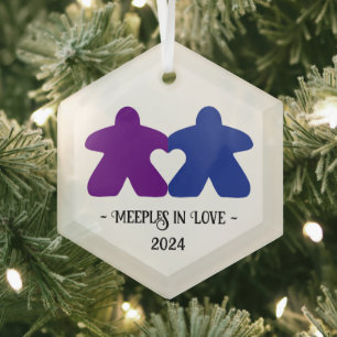 Meeples in Love, Purple & Blue Glass Ornament