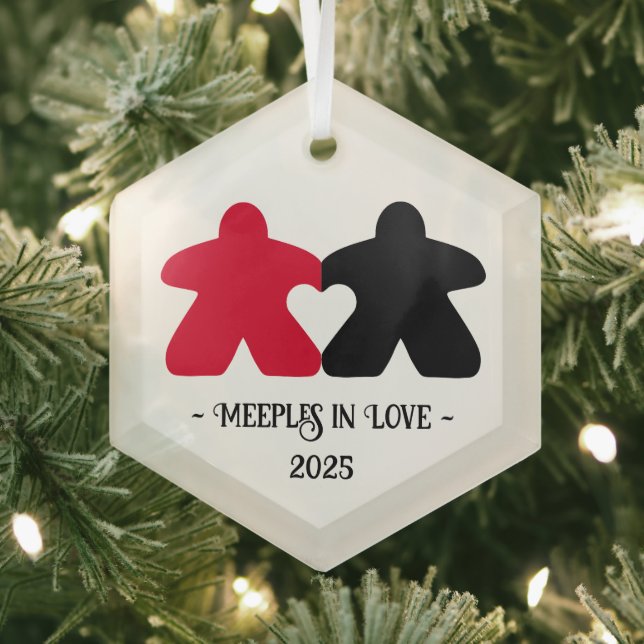 Meeples in Love,Red & Black Glass Ornament (Insitu)