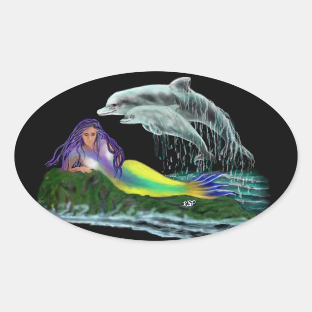 Meerjungfrau mit Delfinen Oval Sticker (Front)