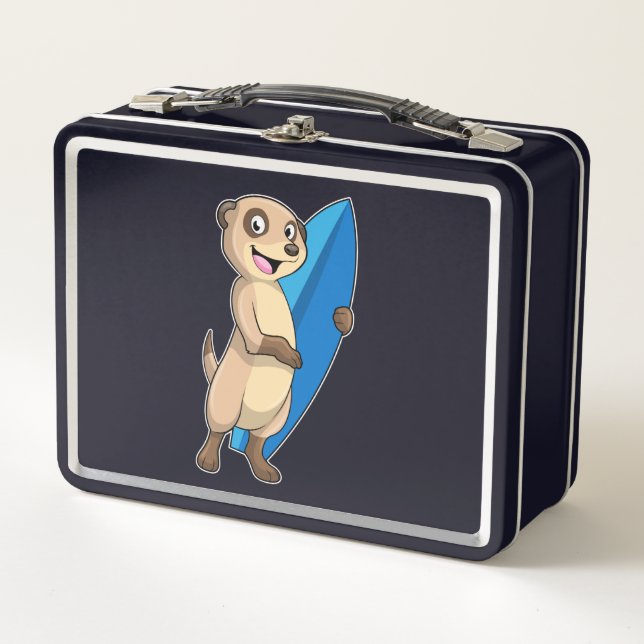 Meerkat as Surfer with Surfboard Metal Lunch Box (Front)
