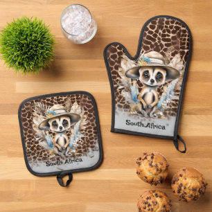 Meerkat cartoon watercolor jungle safari animal oven mitt & pot holder set