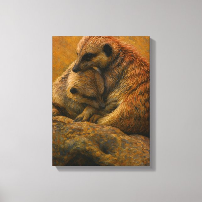 Meerkat Cuddle – Earth-Toned Wildlife Painting Canvas Print (Front)