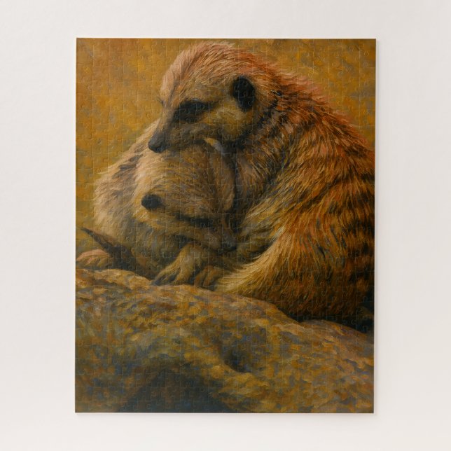 Meerkat Cuddle – Earth-Toned Wildlife Painting Jigsaw Puzzle (Vertical)