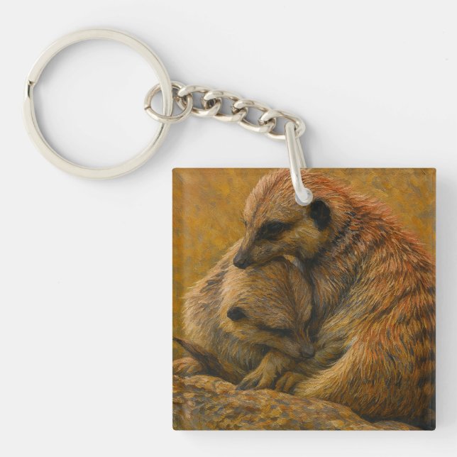 Meerkat Cuddle – Earth-Toned Wildlife Painting Key Ring (Front)