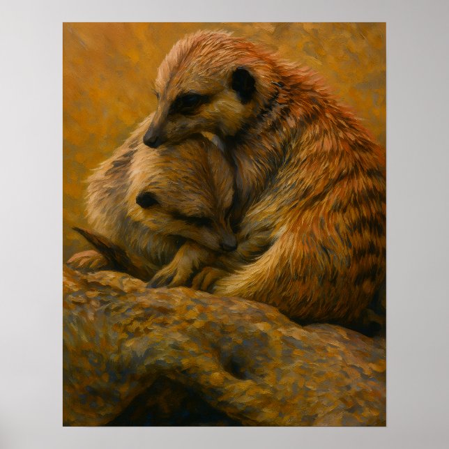 Meerkat Cuddle – Earth-Toned Wildlife Painting Poster (Front)