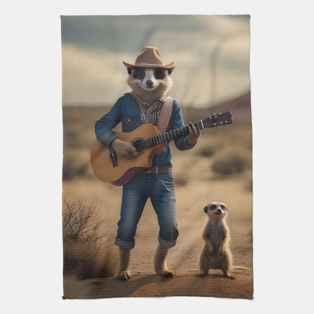 Meerkat Duet: Strumming Together in Harmony, Tea Towel (Vertical)