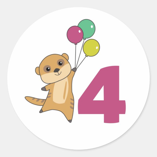 Meerkat Fourth Birthday Balloons Kids Classic Roun Classic Round Sticker (Front)