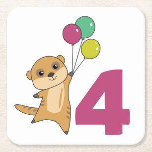 Meerkat Fourth Birthday Balloons Kids Square Paper Coaster