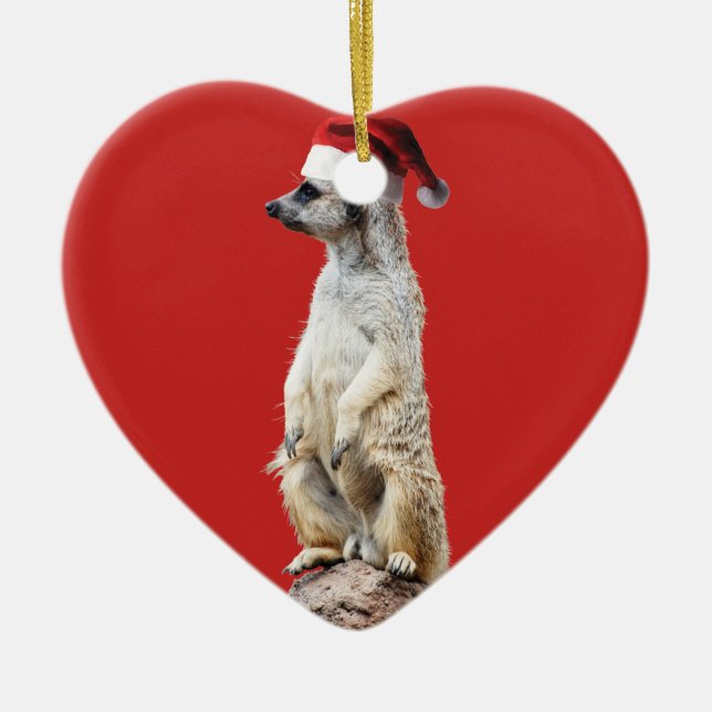 Meerkat in a Santa Hat Ceramic Tree Decoration (Front)