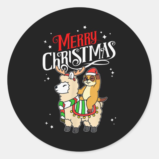 Meerkat Merry Christmas Reindeer Llama Riding Meer Classic Round Sticker (Front)