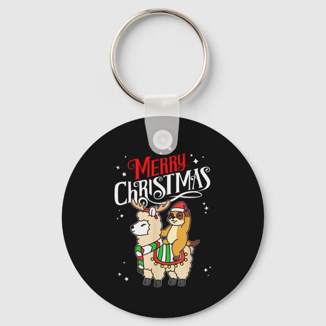Meerkat Merry Christmas Reindeer Llama Riding Meer Key Ring (Front)