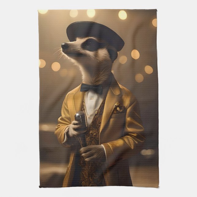 "Meerkat Moonlight: A Crooner’s Serenade" Tea Towel (Vertical)