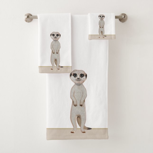 Meerkat on Beige & White Bath Towel Set (Insitu)