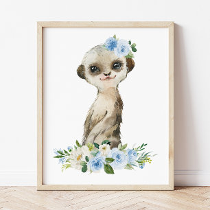Meerkat, Safari, Jungle, Blue Flowers, Boy Nursery Photo Print