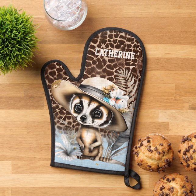 Meerkat safari jungle zoo animal skin print NAME Oven Mitt (Top down)
