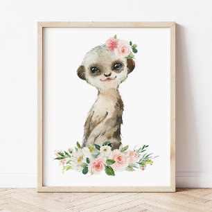 Meerkat, Safari, Pink Flowers, Girl Nursery Photo Print