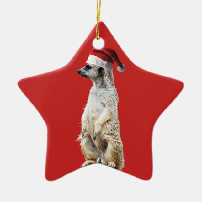 Meerkat Santa Claus Ceramic Tree Decoration (Front)
