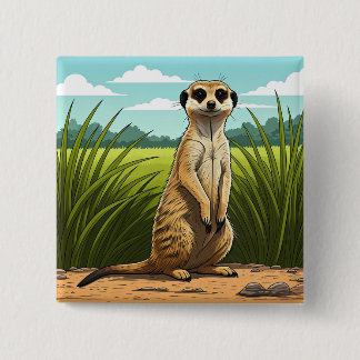 Meerkat standing alert in a field of grass 15 cm square badge