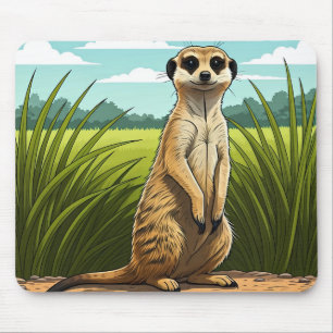 Meerkat standing alert in a field of grass mouse mat