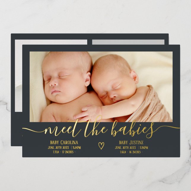 Meet babies script gold 3 photo baby twins birth (Front/Back)